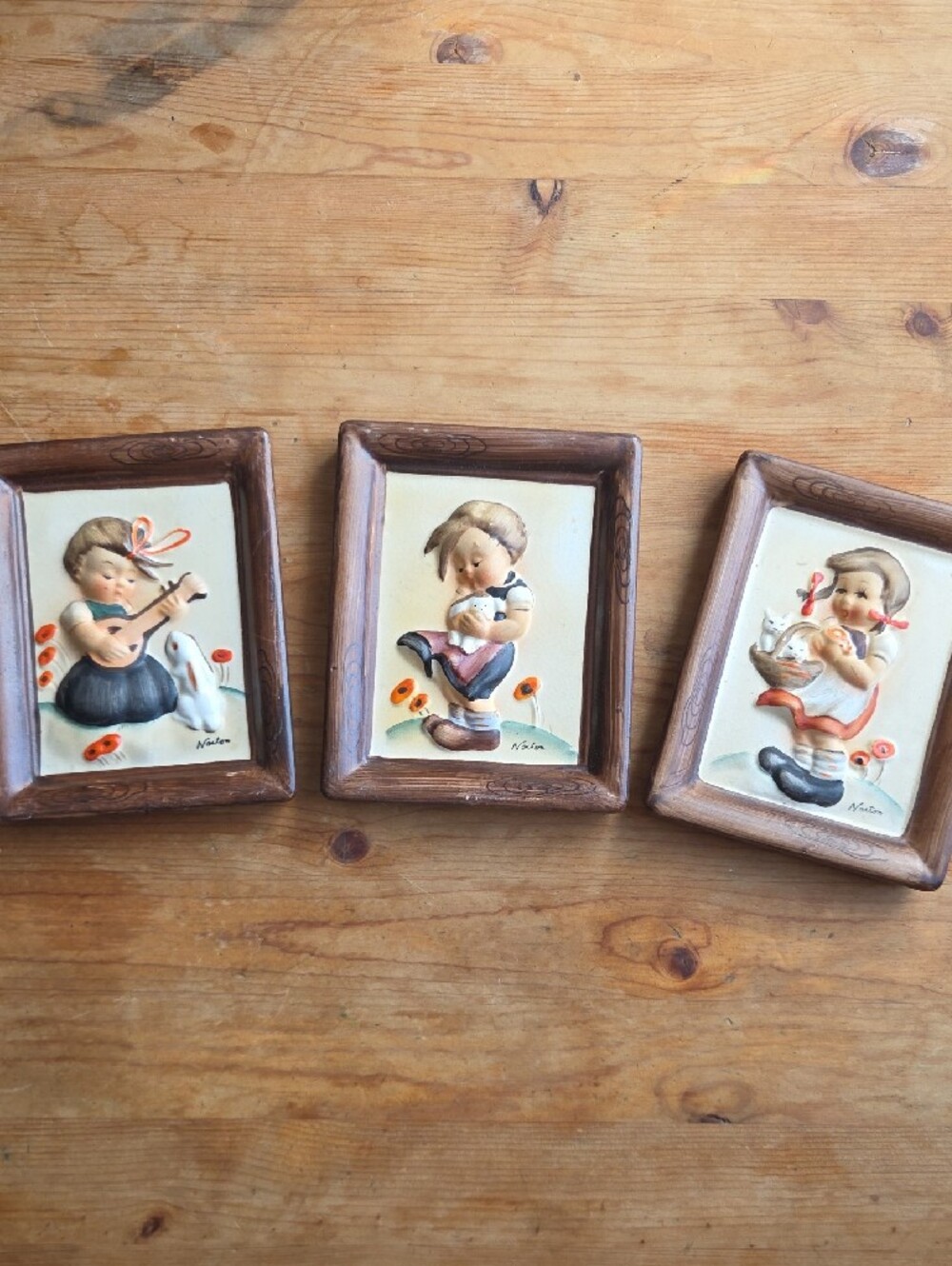 1960s Napco Ceramic Wall Plaques Set of 3 Signed Norton Hummel Style 3D